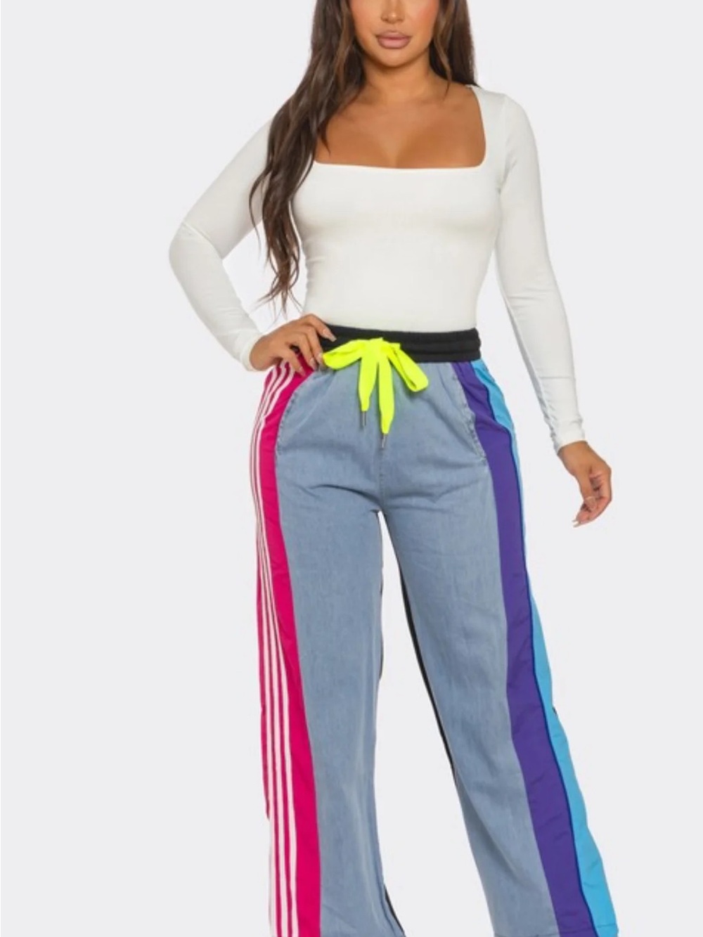 Colorblock Wide Leg Jeans with Neon Tie Waist - Multi